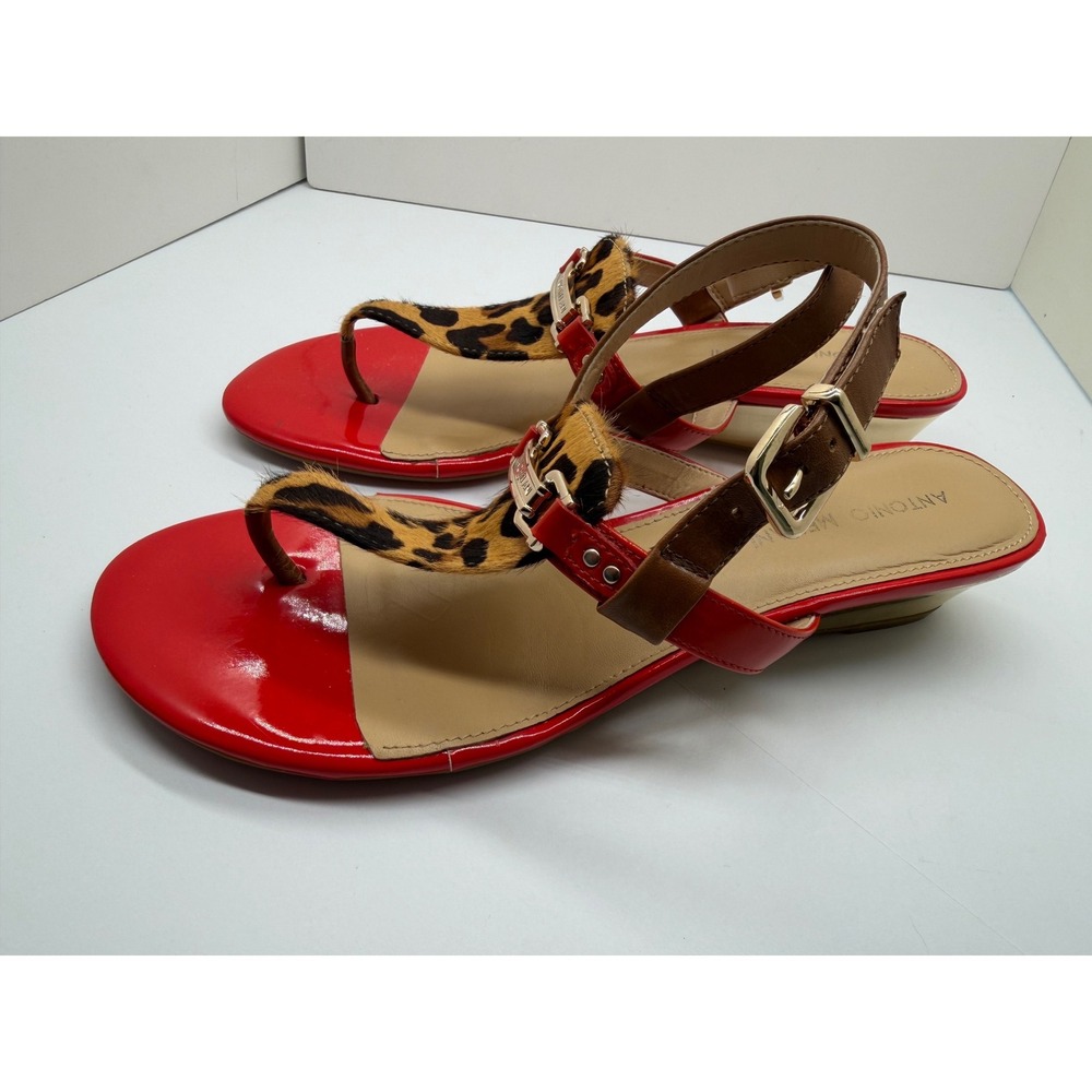 Antonio Melani Red Patent Leopard Calf Hair Gold Wedge Sandals‎ Mens 9M